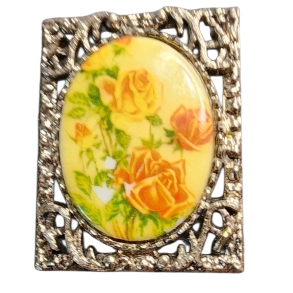 Vintage Floral Brooch Yellow Orange Roses Silver Tone